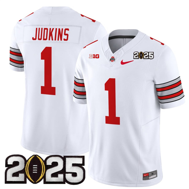Men Ohio State Buckeyes 1 Quinshon Judkins White 2025 CFP Final Patch F.U.S.E. Vapor Limited Stitched NCAA Jersey